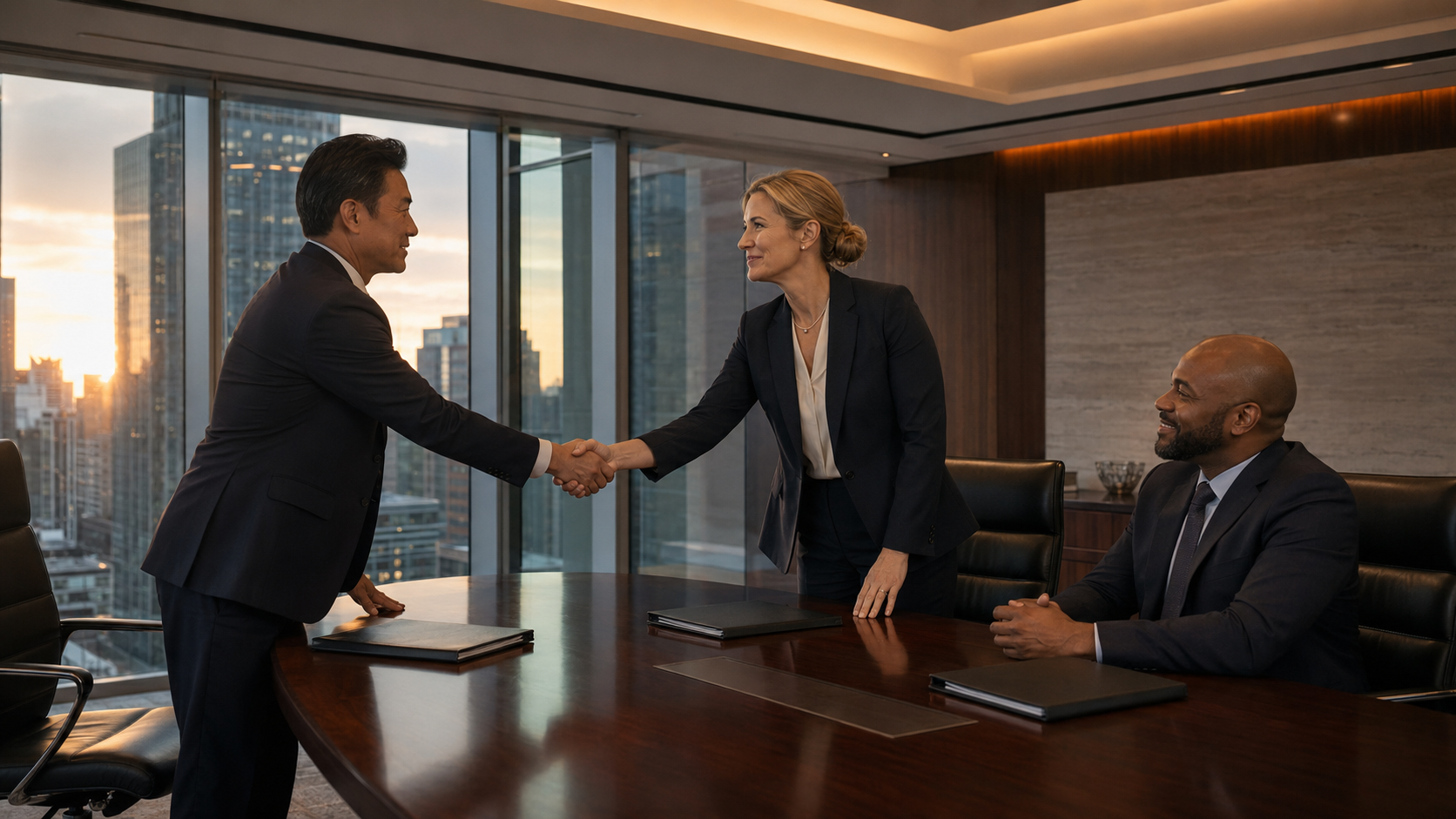 Bank executives shaking hands after a compliance strategy meeting