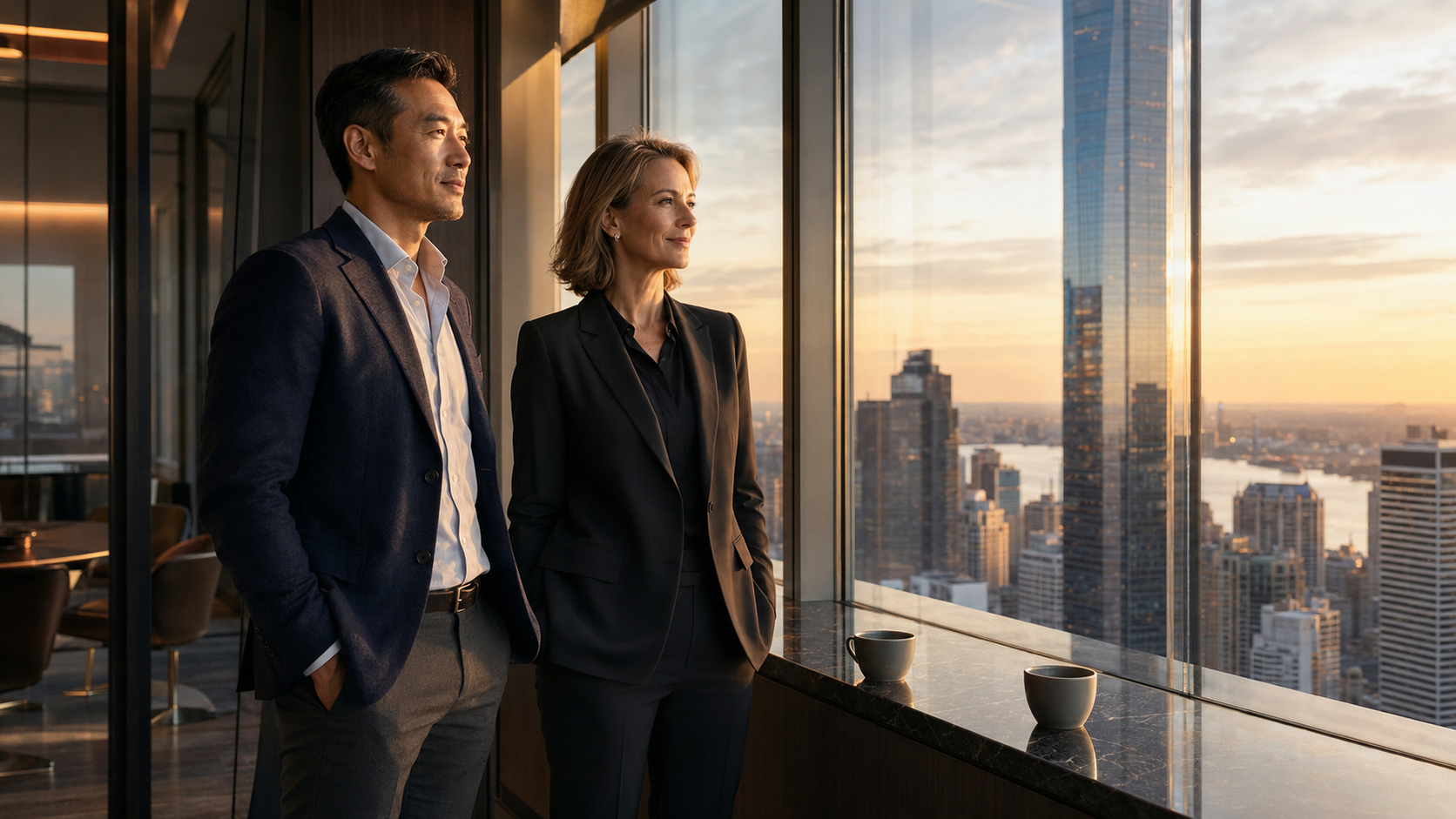 Fintech leader and bank compliance executive overlooking a city skyline