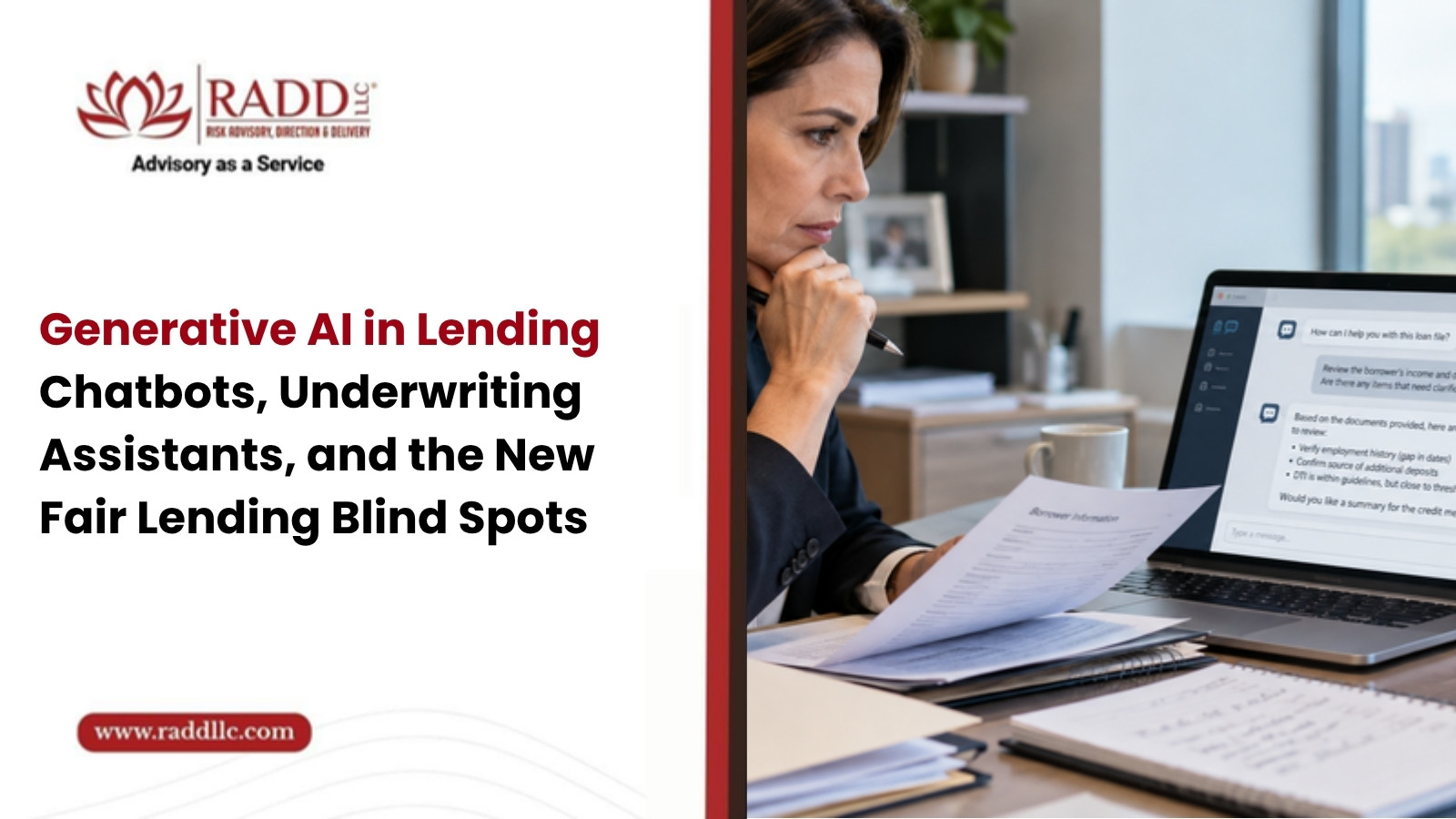 Lending professional reviewing an AI chatbot underwriting conversation on a laptop, illustrating generative AI fair lending risk