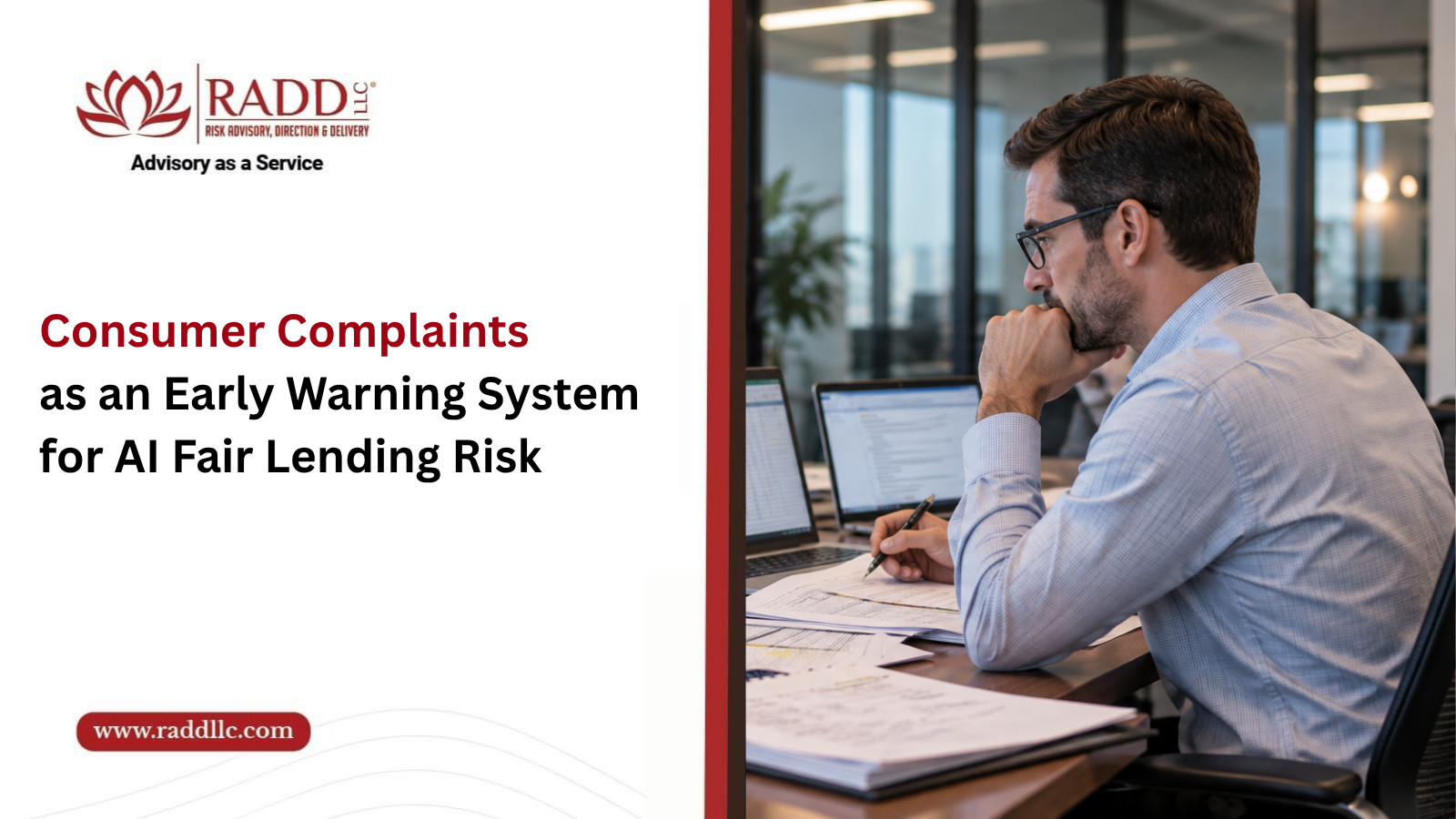 Consumer Complaints as an Early Warning System for AI Fair Lending Risk Consumer complaints as an early warning system for AI fair lending risk, with a compliance officer reviewing loan files and lending reports at a desk.