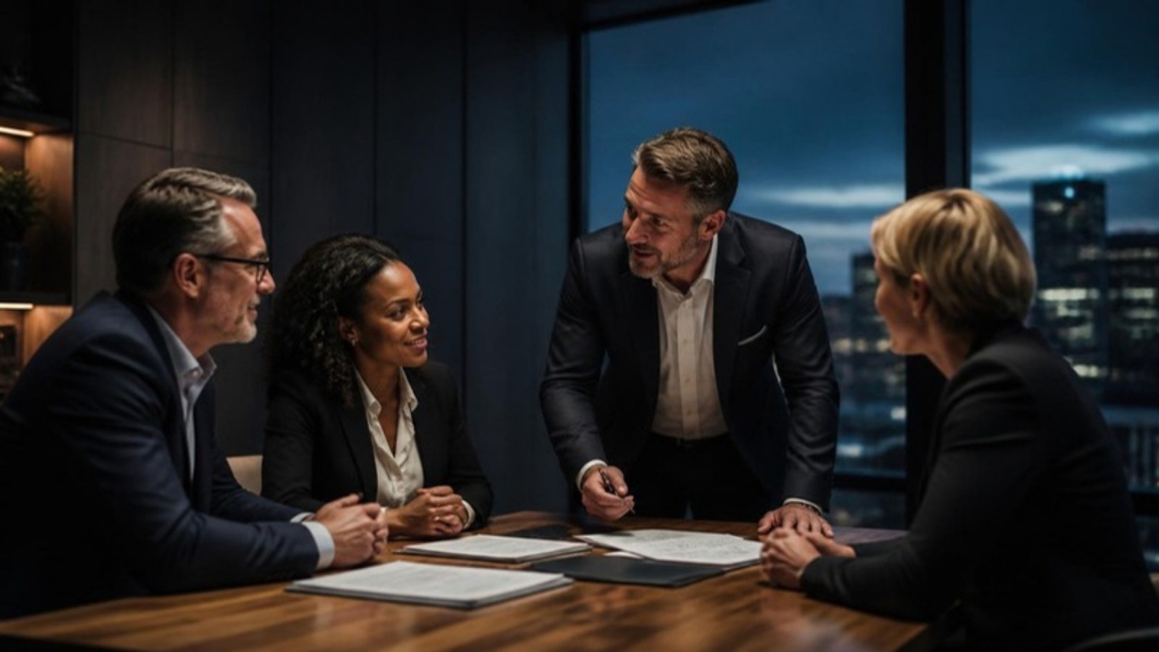 Four credit union leaders in an engaged discussion around a table with documents