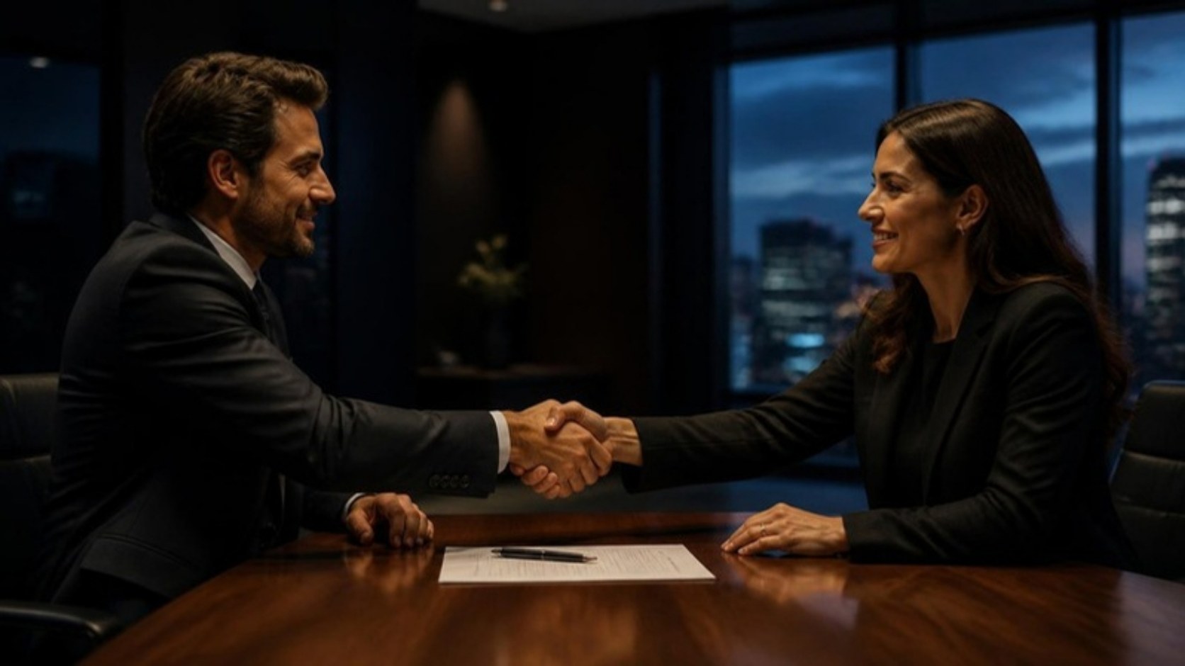 Two business professionals shaking hands across a boardroom table over a signed engagement document