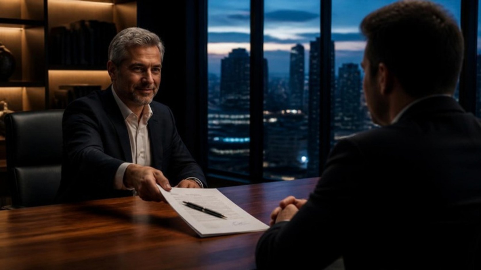 Two professionals across a desk completing a signed compliance engagement agreement
