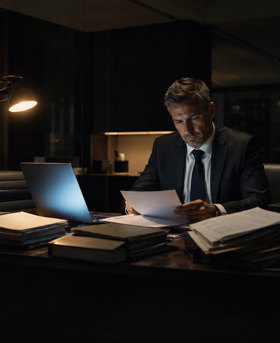 A lone BSA officer working late reviewing stacks of compliance files