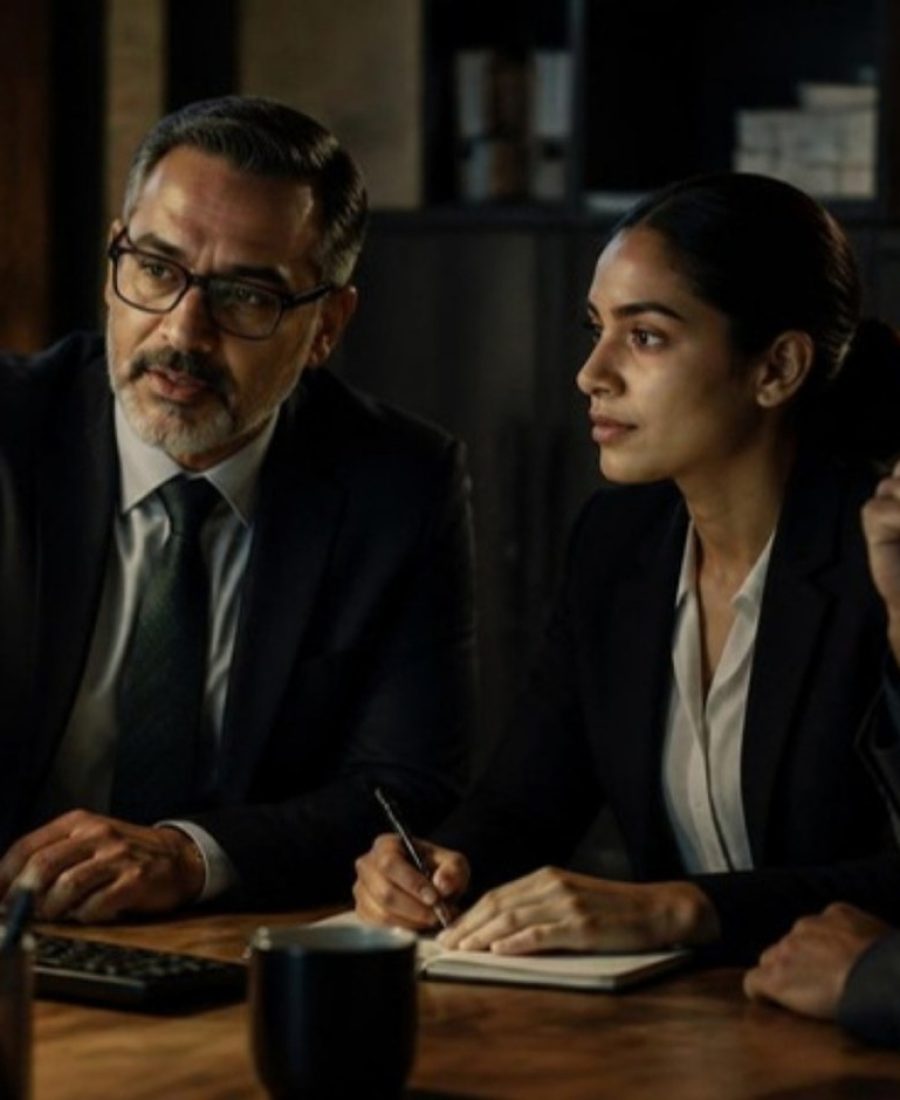 An experienced BSA officer walking two staff members through a process at a shared monitor