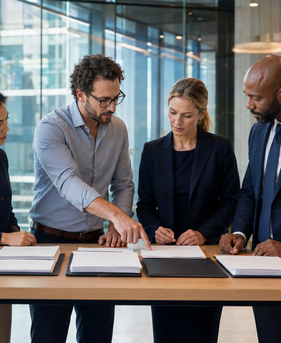 Fintech and banking professionals reviewing compliance documentation together