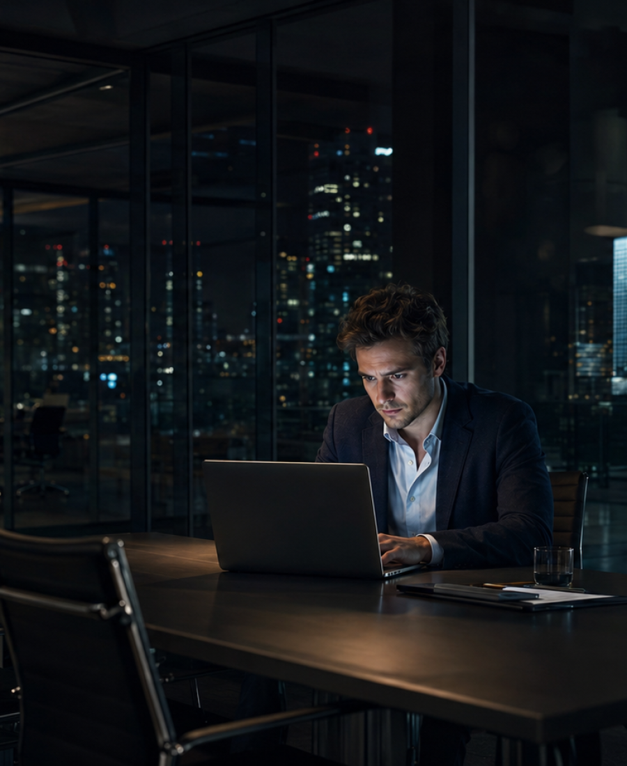 Fintech founder working late reviewing sponsor bank compliance requirements