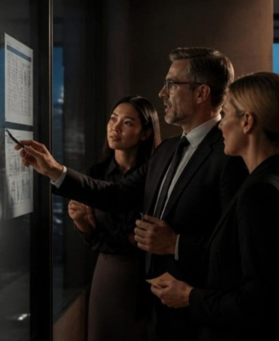 Three professionals mapping out an annual internal audit plan at a glass wall