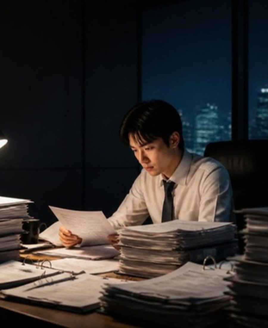 A lone internal auditor working late at a desk stacked with binders and printed workpapers