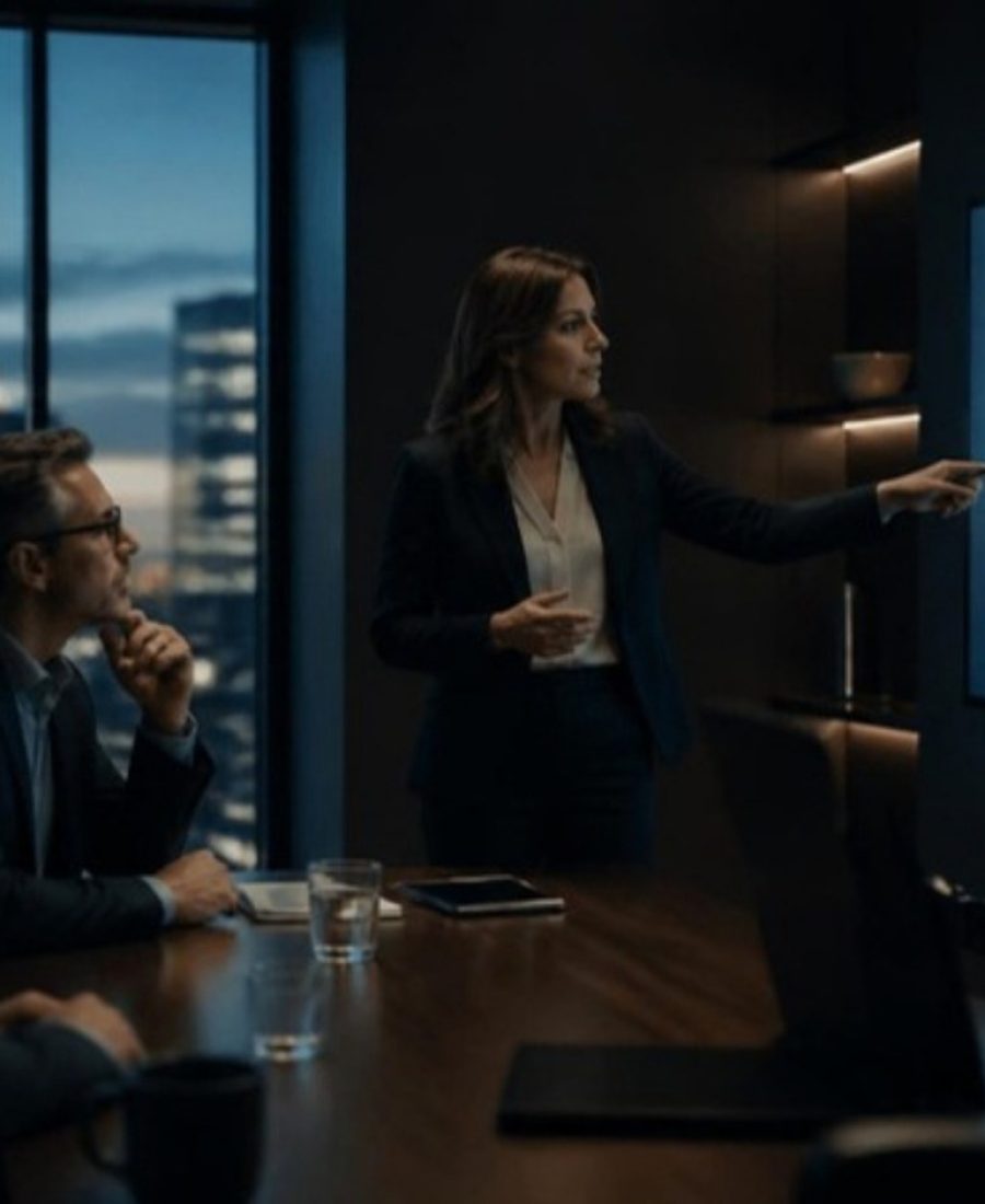 A compliance professional walking two executives through a governance framework on a wall screen