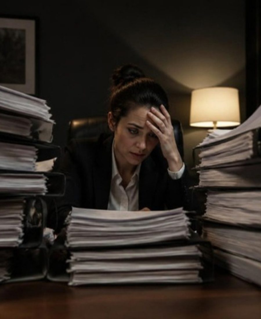 A compliance professional surrounded by towering stacks of regulation binders and policy documents